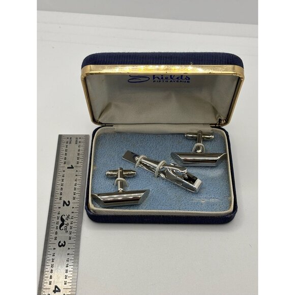 Mens Silver Polished Cuff Links and Tie Clip Vintage Classic - Picture 2 of 5